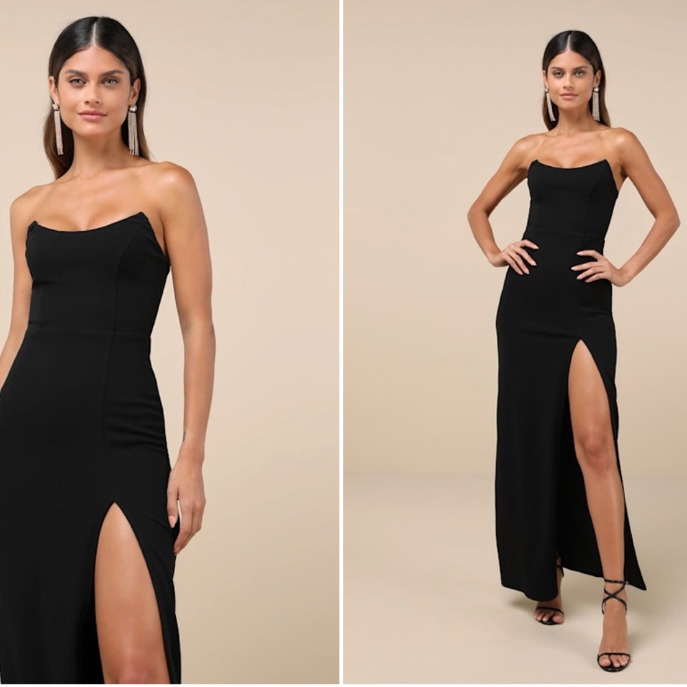 Lulu's Black Strapless Maxi Dress with Front Thigh Slit